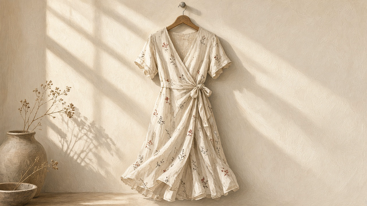 A rust-colored wrap dress on a hanger